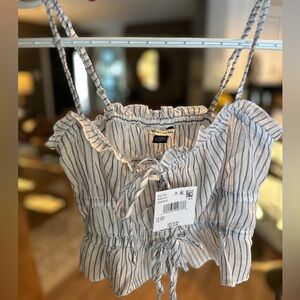 American Eagle XXS White Striped Ruffle Tie-Front Crop Top